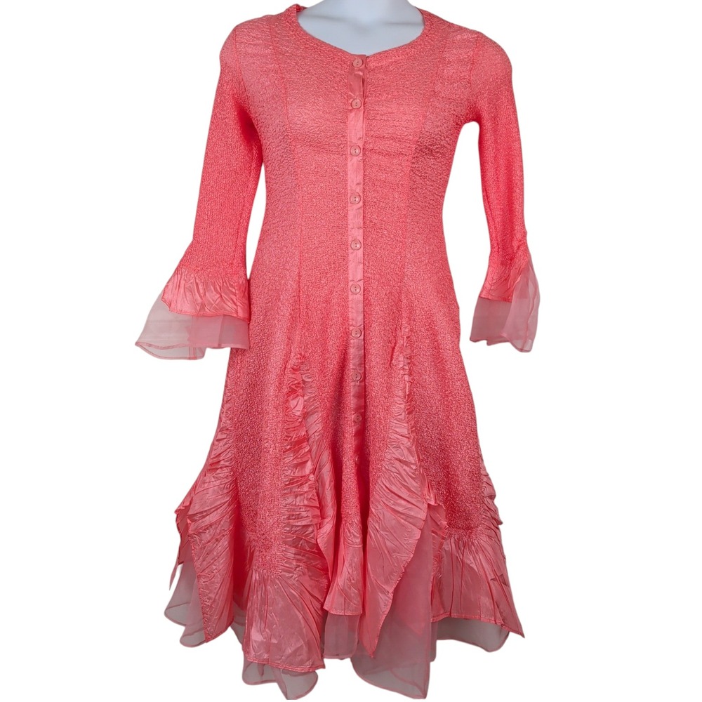 Coral Pink Popcorn Textured Ruffle Midi Dress Mesh Fairycore Barbiecore Whimsi